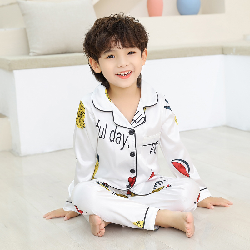 Toddler Kids Boy Prints Fruit Long Sleeves Pajamas Rayon Silk Sleepwear Sets