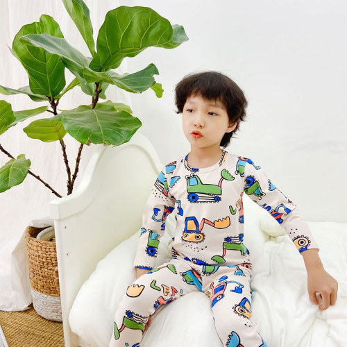 Kids Boy Print Engineering Vehicle Pajamas Sleepwear Set Long-sleeve Cotton Pjs