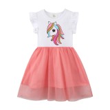 Toddler Girls Cotton Rainbow Unicorn Mesh Casual Dress