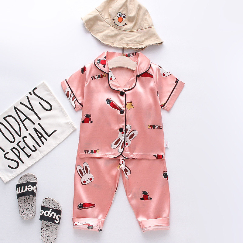 Toddler Kids Girl Prints Carrot Rabbit Summer Short Pajamas Rayon Silk Sleepwear Sets
