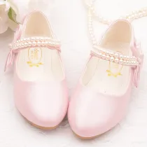 Kid Girls Pure Color Glitter Pearl Bowknot Flat Dress Shoes