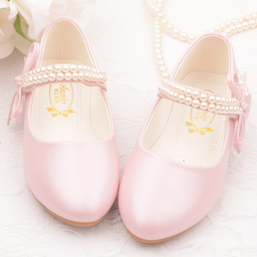Kid Girls Pure Color Glitter Pearl Bowknot Flat Dress Shoes