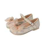 Toddler Girl Pearl Crystal Diamond Lace Bowknot PU Leather Flat Dress Shoes