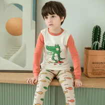 Kids Boy Print Fishing Dinosaur Pajamas Sleepwear Set Long-sleeve Cotton Pjs