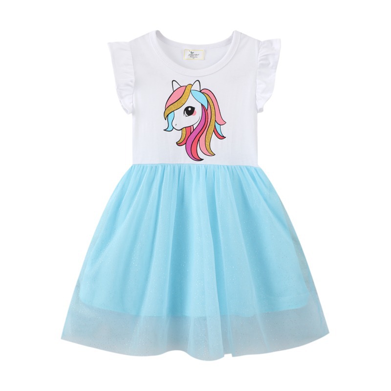 Toddler Girls Cotton Rainbow Unicorn Mesh Casual Dress
