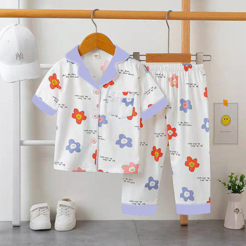 Toddler Kids Girl Flowers Summer Short Sleeves And Long Pants Sleepwear Set Cotton Pjs