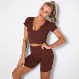 Women Ribbed Short Sleeve High Waist Running Shorts Gym Workout Yoga Sets