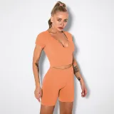 Women Ribbed Short Sleeve High Waist Running Shorts Gym Workout Yoga Sets
