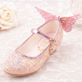 Kid Girls Sequins Glitter Diamonds Butterfly Heels Pumps Dress Shoes
