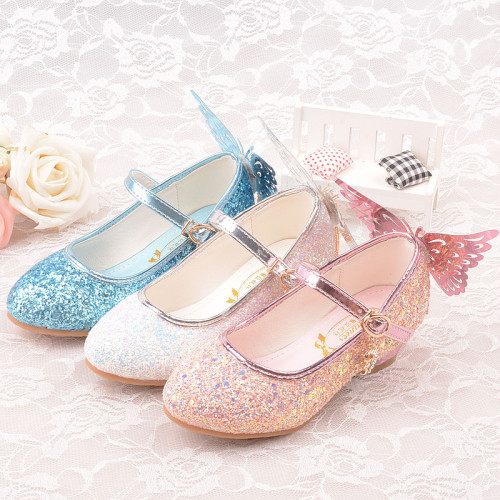 Kid Girls Sequins Glitter Diamonds Butterfly Heels Pumps Dress Shoes