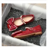 Toddler Girl Pearl Crystal Diamond Bowknot PU Leather Flat Dress Shoes