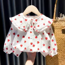 Girls Cute Strawberry Pattern Lace Collar Blouse Cartoon T-shirt Tops