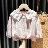 Girls Cute Chrysanthemum Pattern Lace Collar Blouse Cartoon T-shirt Tops