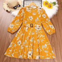 Toddler Girls Floral With Belt Long Sleeve Dress