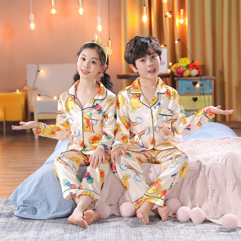 Toddler Kids Boy Prints Rainbow Duck Long Sleeves Pajamas Rayon Silk Sleepwear Sets