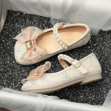 Toddler Girl Pearl Crystal Diamond Lace Bowknot PU Leather Flat Dress Shoes