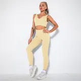 Women 2 Piece Seamless V-Neck Bra High Waist Yoga Leggings Sets
