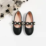 Toddler Girls PU Leather Pearl Flower Flat Dress Shoes