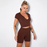 Women Ribbed Short Sleeve High Waist Running Shorts Gym Workout Yoga Sets