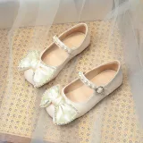 Toddler Girl Pearl Crystal Diamond Bowknot PU Leather Flat Dress Shoes