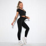 Women 2 Piece Seamless Sport Short Sleeves High Waist Yoga Leggings Sets