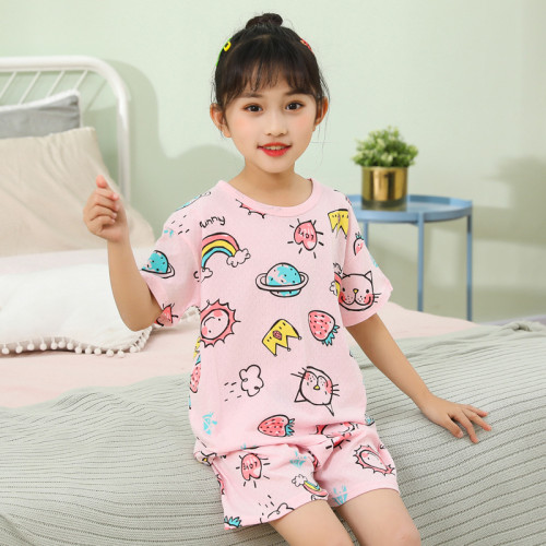 Toddler Kids Girl Rainbow Strawberry Cat Summer Short Pajamas Sleepwear Set Cotton Pjs
