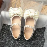 Toddler Girl Pearl Crystal Diamond Bowknot PU Leather Flat Dress Shoes