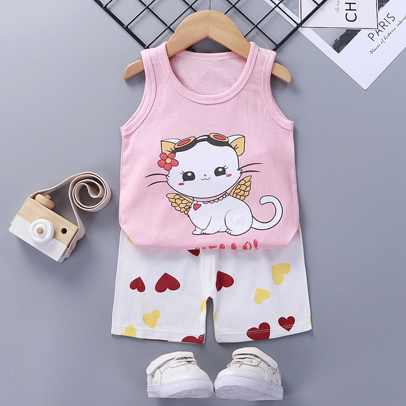 Toddler Kids Girl Prints Wings Cat Summer Vest Tops and Short Pant Sleepwear Set Cotton Pjs