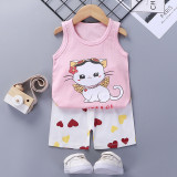 Toddler Kids Girl Prints Wings Cat Summer Vest Tops and Short Pant Sleepwear Set Cotton Pjs