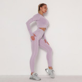 Women 2 Piece Seamless Round Neck Long Sleeves High Waist Mention Hip Yoga Leggings Sets