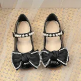 Toddler Girl Pearl Crystal Diamond Bowknot PU Leather Flat Dress Shoes