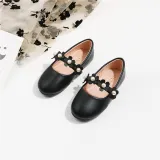 Toddler Girls PU Leather Pearl Flower Flat Dress Shoes