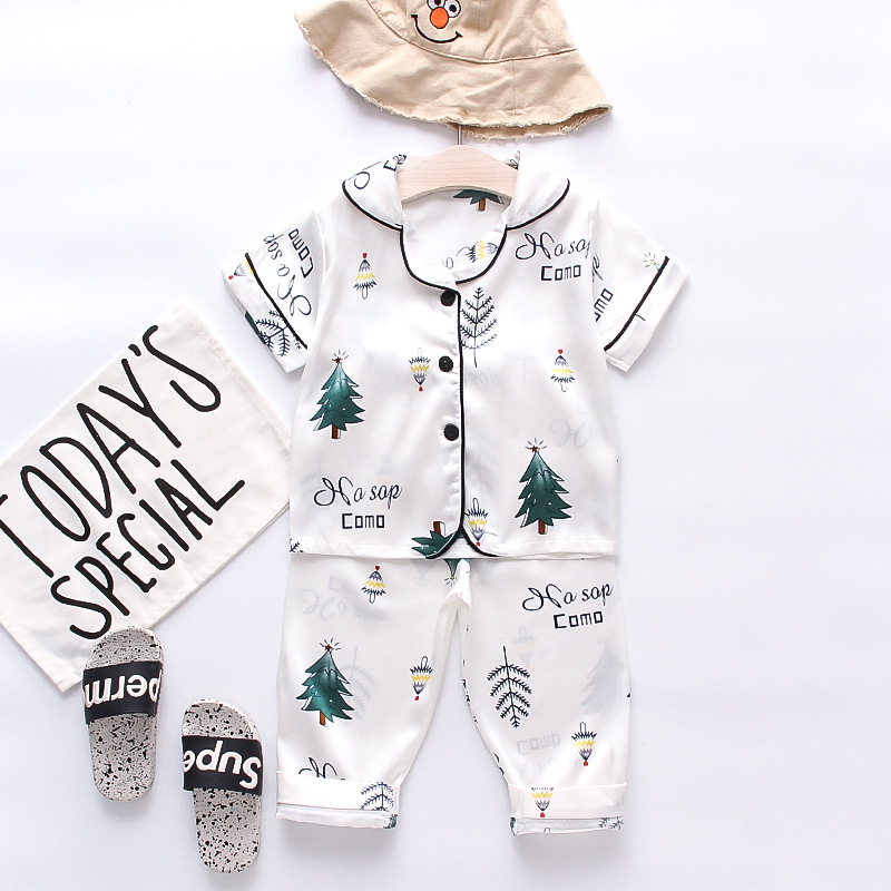 Toddler Kids Boy Prints Letter Trees Short Sleeves Pajamas Rayon Silk Sleepwear Set