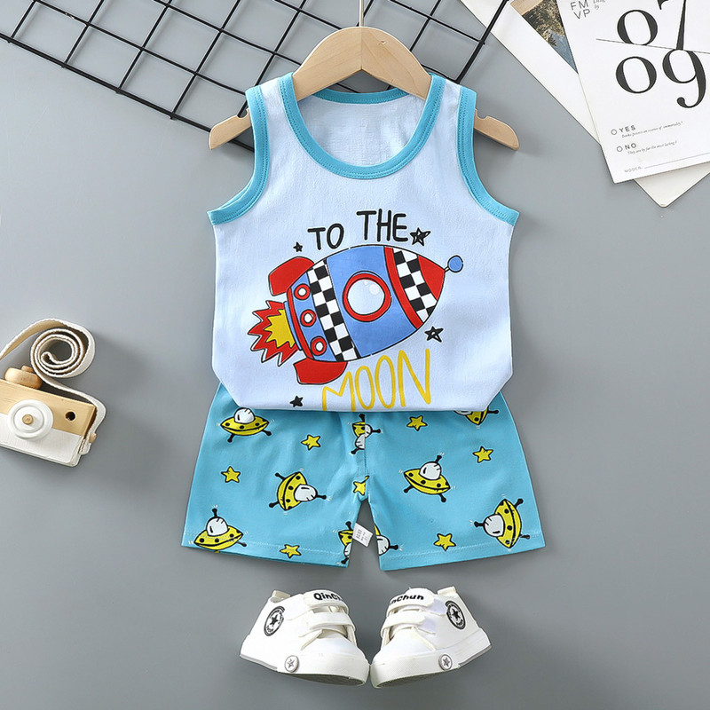 Toddler Kids Boy Rocket Airship Summer Vest Tops and Short Pant Sleepwear Set Cotton Pjs