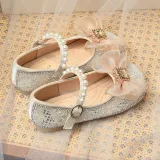 Toddler Girl Pearl Crystal Diamond Lace Bowknot PU Leather Flat Dress Shoes