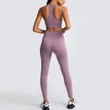 Women Seamless Sport U Shaped Neck Bra High Waist Close Fitting Yoga Leggings Sets