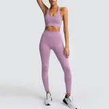 Women Seamless Sport U Shaped Neck Bra High Waist Close Fitting Yoga Leggings Sets