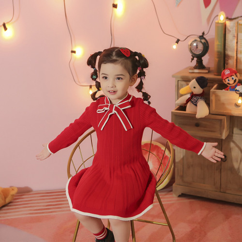 Toddler Girls Long Sleeve Bow Tie Knitted Dress