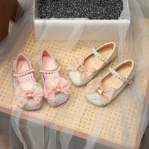 Toddler Girl Pearl Crystal Diamond Lace Bowknot PU Leather Flat Dress Shoes