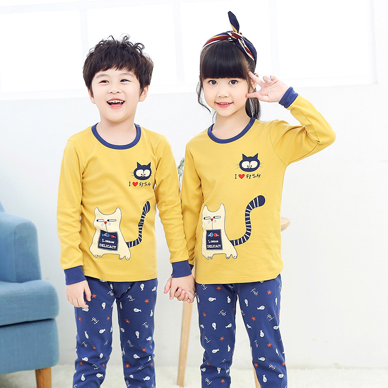 Kids Boy Print Cat Fish Pajamas Sleepwear Set Long-sleeve Cotton Pjs