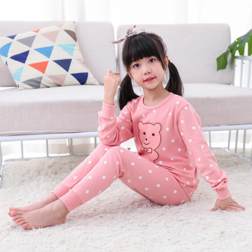 Toddler Kids Girl Dot Teddy Bear Pajamas Sleepwear Set Long-sleeve Cotton Pjs