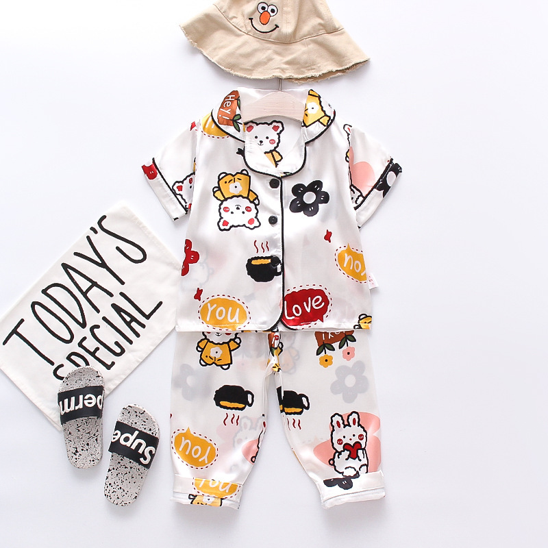 Toddler Kids Girl Prints Rabbit Bear Flower Short Pajamas Rayon Silk Sleepwear Sets