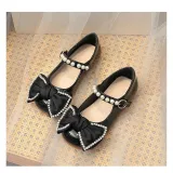Toddler Girl Pearl Crystal Diamond Bowknot PU Leather Flat Dress Shoes