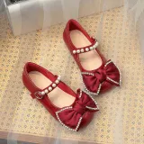 Toddler Girl Pearl Crystal Diamond Bowknot PU Leather Flat Dress Shoes
