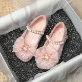 Toddler Girl Pearl Crystal Diamond Lace Bowknot PU Leather Flat Dress Shoes
