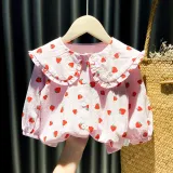 Girls Cute Strawberry Pattern Lace Collar Blouse Cartoon T-shirt Tops