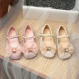 Toddler Girl Pearl Crystal Diamond Lace Bowknot PU Leather Flat Dress Shoes