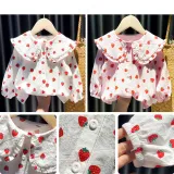 Girls Cute Strawberry Pattern Lace Collar Blouse Cartoon T-shirt Tops