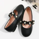 Toddler Girls PU Leather Pearl Flower Flat Dress Shoes