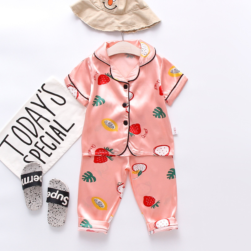 Toddler Kids Girl Prints Strawberry Leaves Short Pajamas Rayon Silk Sleepwear Sets